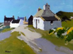 DONALD McINTYRE acrylic - entitled verso on artist's handwritten label 'The White Cottages',