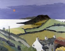 DAVID BARNES oil on canvas - Pen Llyn coast with buildings, signed with initials, 40 x 51cms