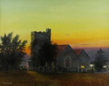 OBEDIAH HODGES mixed media on board - naive view of a Gwent church at evening, entitled bottom