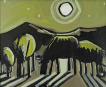 KARL DAVIES oil on canvas - landscape with horses, entitled verso 'Ponies Grazing' on Albany Gallery