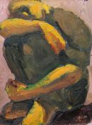 KEVIN SINNOTT oil on board - crouched figure, entitled verso 'Figure Study for large painting' on