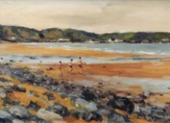 DAVID GRIFFITHS MBE oil on canvas - expansive beach scene with three boys in swimming trunks,