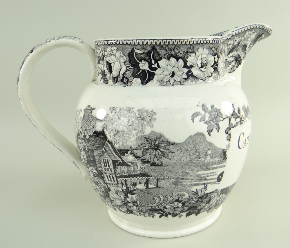 A SWANSEA CAMBRIAN POTTERY TRANSFER JUG IN THE SWISS VILLA PATTERN with dedication to CATHARINE - Image 3 of 4