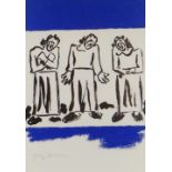 JOSEF HERMAN two colour lithograph - three standing figures with blue, signed in pencil, 29 x