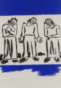 JOSEF HERMAN two colour lithograph - three standing figures with blue, signed in pencil, 29 x