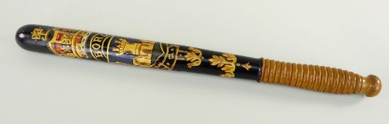 AN EARLY VICTORIAN FRUITWOOD TRUNCHEON FOR NEATH BORO POLICE having a bulbous ribbed handle, painted