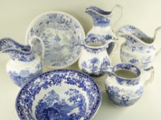 FIVE LARGE SWANSEA POTTERY BLUE & WHITE TRANSFER JUGS & TWO BASINS comprising (1) Baker, Bevans &