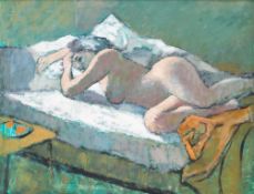 JOHN ELWYN oil on board - reclining nude, entitled verso 'Nude Study 7' with artist's handwritten