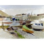 HOWARD ROBERTS watercolour - Aberystwyth harbour with boats and buildings, signed and dated 1984, 35