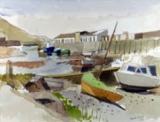 HOWARD ROBERTS watercolour - Aberystwyth harbour with boats and buildings, signed and dated 1984, 35