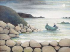 MURIEL DELAHAYE oil on canvas - figure in a rowing boat heading for shore, entitled verso 'Full