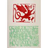 PAUL PETER PIECH two colour linocut poster - image of Welsh dragon with English translation of the