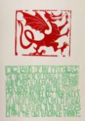 PAUL PETER PIECH two colour linocut poster - image of Welsh dragon with English translation of the