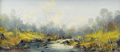 CHARLES WYATT WARREN oil on board - Welsh river landscape with birch trees, signed, 23 x 53cms