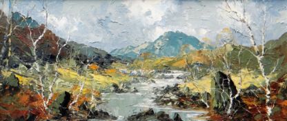 CHARLES WYATT WARREN oil on board - Snowdonia river scene with distant mountain and silver birch