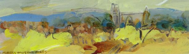 MARTYN VAUGHAN JONES oil on card - South Wales landscape with church, entitled 'Church, Wentloog' (