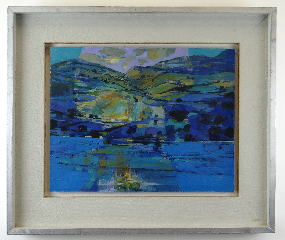 RONALD LOWE oil on board - landscape in blues and greens, entitled verso 'Pembrokeshire Nocturne', - Image 2 of 2