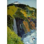 GWILYM PRICHARD oil on canvas - Pembrokeshire coastal cliffs with whitewashed house, entitled on