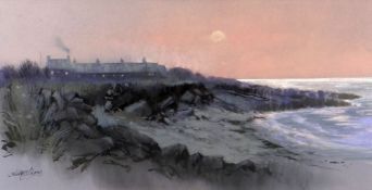 KEITH SHONE pastel - coastal cottages at Morfa, Anglesey at sunset, signed, 24 x 46cms Provenance: