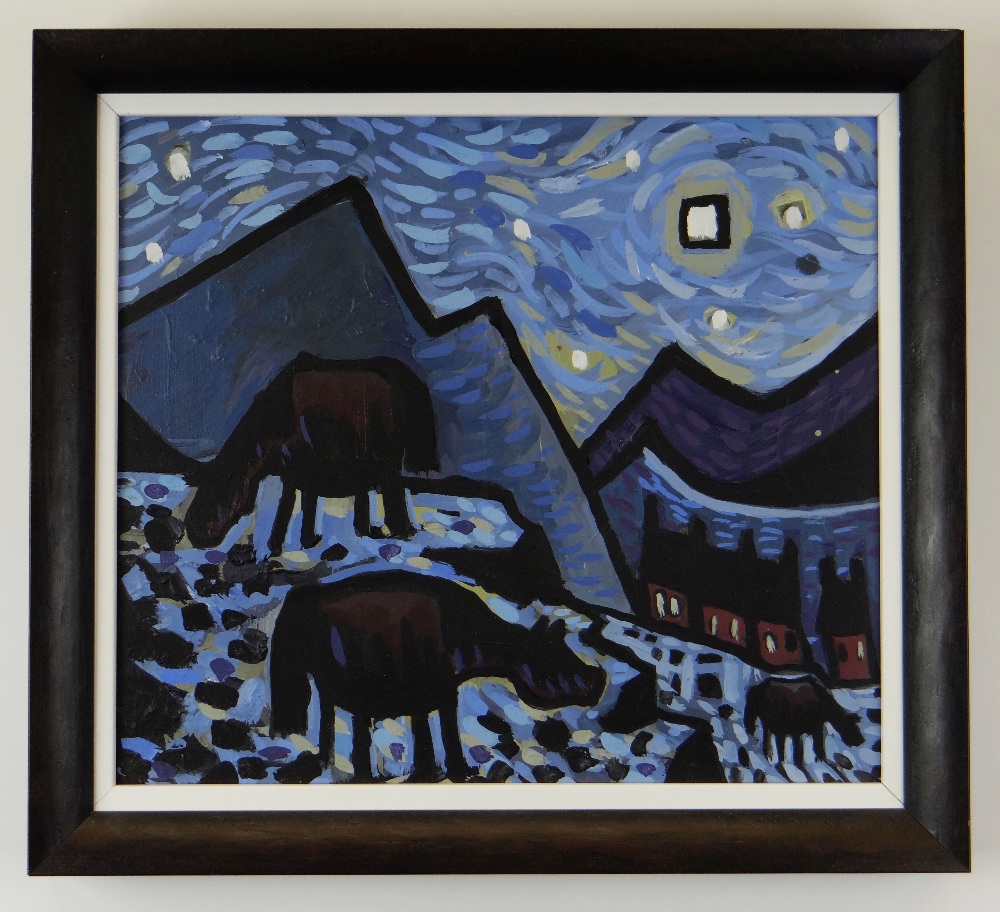 KARL DAVIES oil on canvas - nighttime with three horses and terraced houses, entitled on Albany - Image 2 of 2