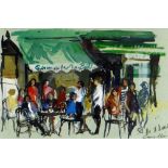 JANE CORSELLIS watercolour - busy Paris cafe with figures, entitled verso on The New Academy Gallery