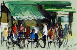 JANE CORSELLIS watercolour - busy Paris cafe with figures, entitled verso on The New Academy Gallery