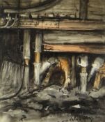 VALERIE GANZ watercolour and mixed media - two miners at work underground, signed in full, 30 x