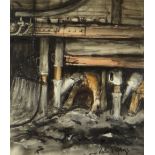 VALERIE GANZ watercolour and mixed media - two miners at work underground, signed in full, 30 x