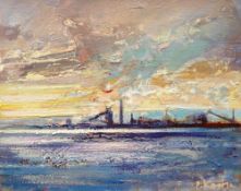 PETER KETTLE oil on canvas - industrial scene at sunset, entitled 'Port Talbot Steelworks - Kenfig',
