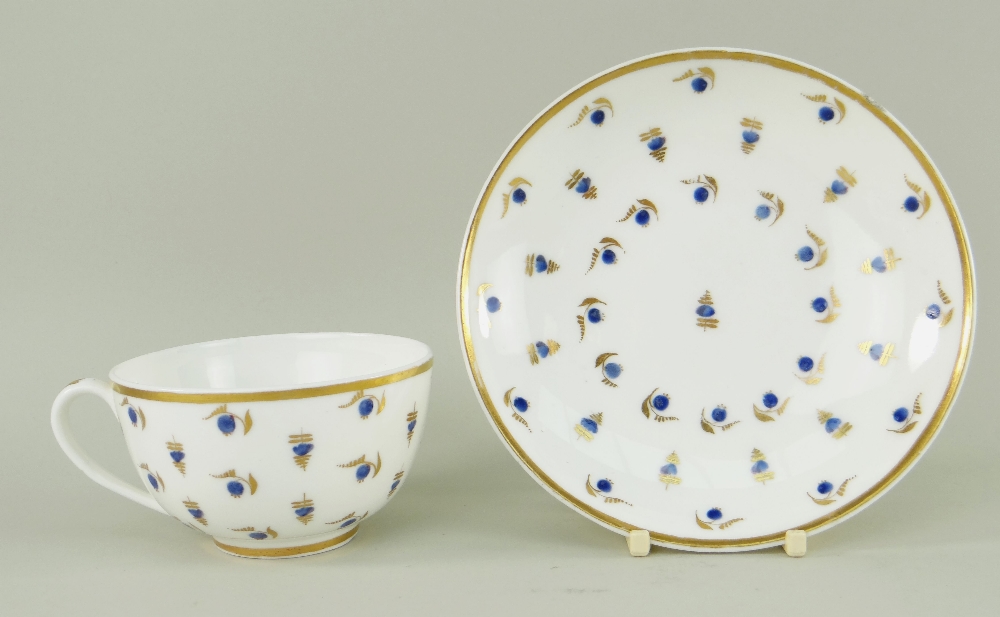 A NANTGARW PORCELAIN HENSOL CASTLE CUP & SAUCER painted with scattered blue enamel berries and