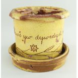 A RARE EWENNY POTTERY FLOWER POT & SAUCER-STAND mustard glaze with sgraffito trailing branch of