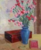 LAUREN LINDEE acrylic on board - still life, flowers in a vase, signed, 24 x 20cms Provenance: