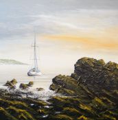 NICK JOHN REES oil on canvas - large Swansea coastal scene with sailing boat, entitled verso '