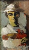 JOHN ELWYN oil on board - lady wearing bonnet while holding a cockerel, artist's studio stamp verso,