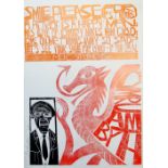 PAUL PETER PIECH limited edition (12/25) three colour linocut poster - with image of red dragon