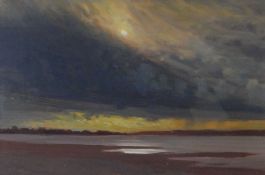 DAVID WOODFORD oil on board - dramatic clouds over Lavan Sands, signed, 20 x 30cms Provenance: