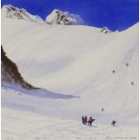 NEIL S HOPKINS watercolour - winter mountain scene with blue sky, entitled 'Snowboarders', signed