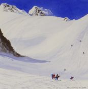 NEIL S HOPKINS watercolour - winter mountain scene with blue sky, entitled 'Snowboarders', signed