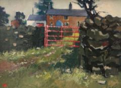 ROBERT DAWSON (1926 - 1997) oil on board - Welsh farm with walls and gate, entitled verso 'The New