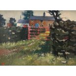 ROBERT DAWSON (1926 - 1997) oil on board - Welsh farm with walls and gate, entitled verso 'The New