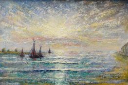 TED DUMMETT oil on board - coastal view with sunset and yachts, entitled verso 'Evening Tide' and