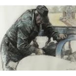 KEITH BOWEN charcoal and crayon - farmer repairing tractor, signed and dated 1989, 45 x 53cms