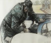 KEITH BOWEN charcoal and crayon - farmer repairing tractor, signed and dated 1989, 45 x 53cms