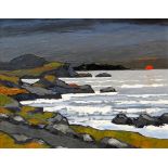 DAVID BARNES oil on board - Ynys Mon coastal scene with low sun, entitled verso 'Anglesey Sunset',