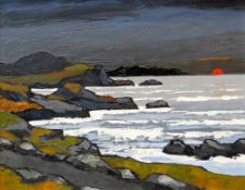 DAVID BARNES oil on board - Ynys Mon coastal scene with low sun, entitled verso 'Anglesey Sunset',