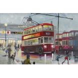 NICK HOLLY oil on canvas - nostalgic view of Cardiff town-centre with 1960s trolley-buses and