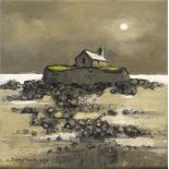 WILF ROBERTS oil on canvas - historic island church off Ynys Mon under moonlight, entitled verso '
