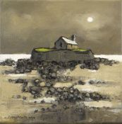 WILF ROBERTS oil on canvas - historic island church off Ynys Mon under moonlight, entitled verso '