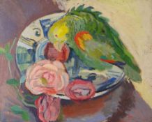 DENIS MATHEWS (1913 - 1997) oil on canvas - study of a green parrot perched amongst flowers on a