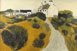 GWILYM PRICHARD oil on canvas - whitewashed farm and outbuildings in a landscape, entitled verso '